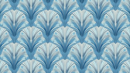 Seamless vintage Art Deco pattern in blue with elegant fan shapes, floral and shell motifs, hand-drawn marine elements, perfect for fabric or wallpaper design.