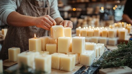 Handmade candles being assembled.  A person carefully places wicks into candle blocks.  Crafting artisan candles in a workshop setting