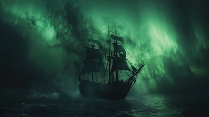 Mysterious ship shrouded in a mystical green mist.