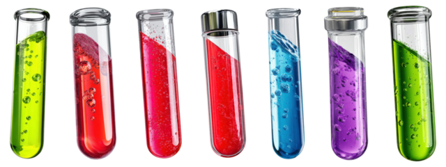 Set of glass test tubes with colorful bubbling liquids , isolated on transparent background
