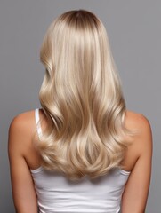 Naklejka premium Back view of long hair in muted blonde-beige tones, smooth and flowing with subtle highlights