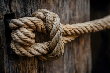 Obraz premium Close up shot of a nautical rope tied securely around a wooden post