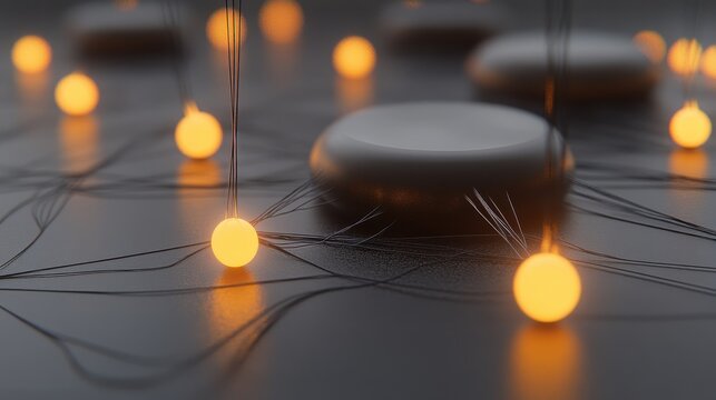 Abstract technological arrangement featuring glowing nodes connected by subtle lines emphasizing network and innovation visualization