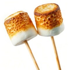 Delicious roasted marshmallows on skewers isolated on white background ready to eat