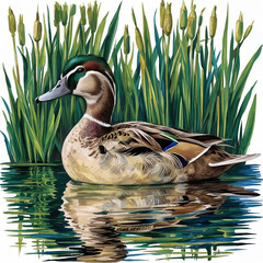 Impressionistic Mallard Duck with Asymmetrical Composition and Lush Wetland Reflections