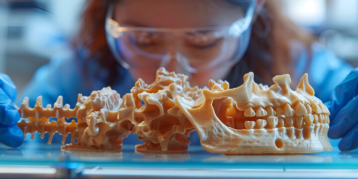 Scientist Studying 3D Printed Animal Skeleton, Female Researcher Analyzing Spinal Structure, Medical Research with Technology
