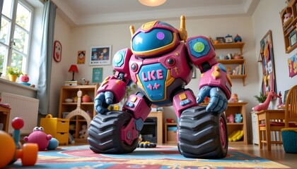 Adorable colorful toy robot standing in a bright playroom surrounded by other toys