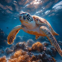 Obraz premium Sea Turtle Swimming Gracefully Underwater Amidst Coral Reef