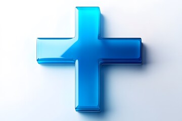 Obraz premium Blue glass cross symbol floating against a white background with soft shadows