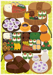  봄날 소풍을 위한 한식 도시락 세트 벡터 일러스트레이션 스티커용 템플릿 디자인 				
