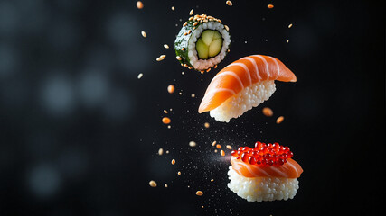 sushi on a black background