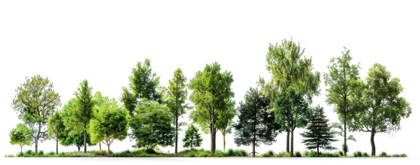 Row of diverse green trees isolated on a white background. Mock up for nature, environment, landscape, or ecological design projects.