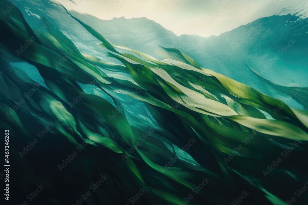 Poster underwater view of flowing seaweed with sunlight filtering from above, creating a serene, ethereal l