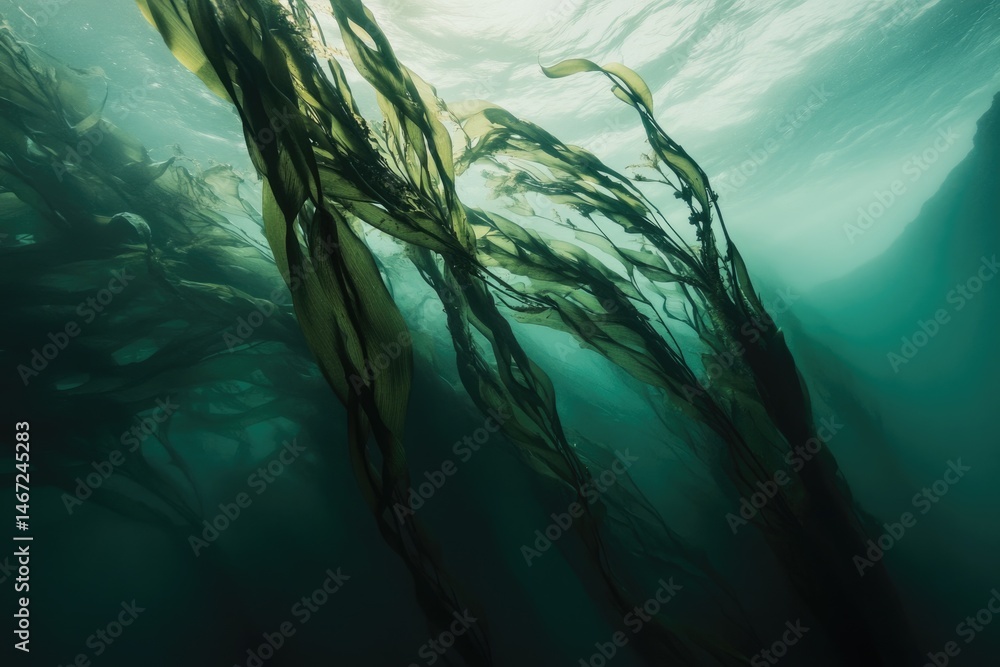 Poster underwater view of kelp forest with sunlight filtering through, creating a serene and ethereal atmos