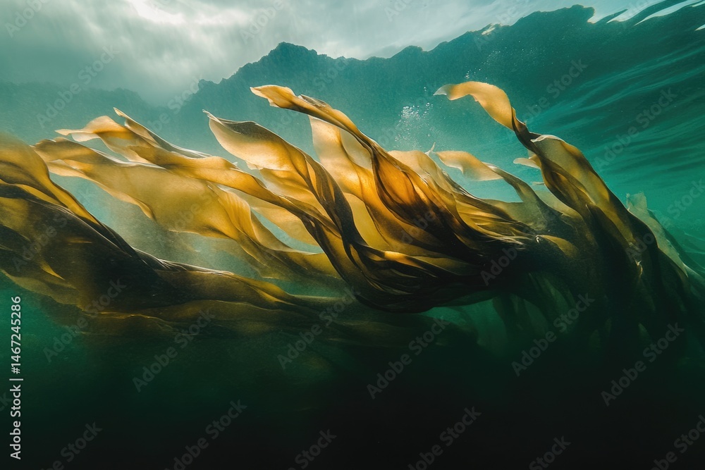 Poster underwater kelp forest with sunlight filtering through, creating a magical and ethereal scene.
