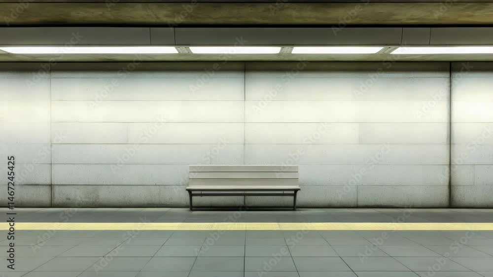 Poster empty bench resting on an underground subway station platform, illuminated by bright lights, evokes 