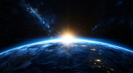 Earth sunrise from space, vast universe backdrop