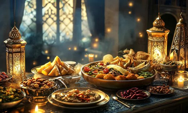 A lavish spread of Middle Eastern cuisine featuring an array of dishes like samosas, fried items, and assorted nuts, set in a beautifully decorated room with lanterns