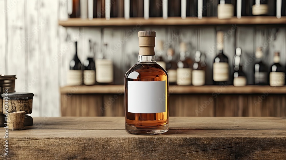 Poster mock-up of a miniature wine or spirits bottle with an empty label for product display
