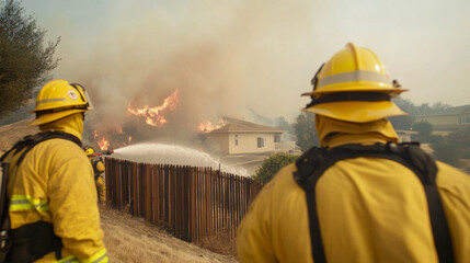 Fototapeta premium Firefighters responding to wildfire near residential area, wearing protective gear