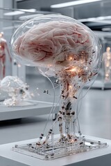 Human brain with wires and sensors. The birth of artificial intelligence. Digitalization of thinking. Wires and sensors signify the new frontier of artificial intelligence thinking.