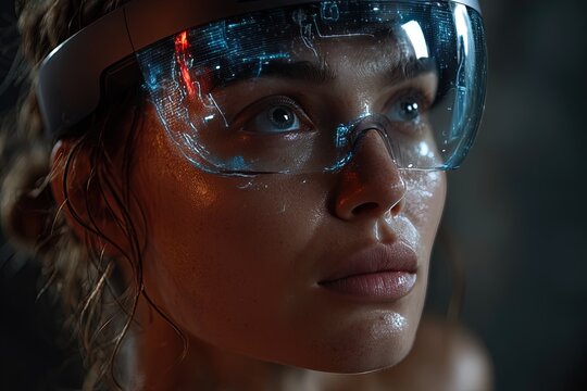 The future is already here. Young woman wearing augmented reality glasses. The future is bright as the young woman navigates her surroundings with augmented reality glasses.