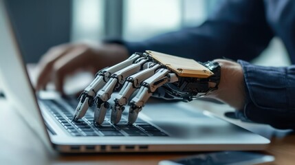 Close-up of a person with a disability using a prosthetic arm to operate a laptop. The specialist demonstrates swift, natural control of a thought-powered myoelectric bionic hand