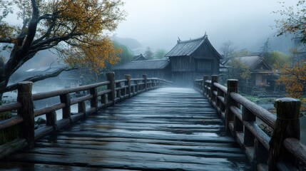 Ancient wooden bridge in a misty Japanese village U