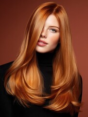 Beauty portrait with silky copper orange hair cascading down, vibrant shine and ultra-smooth texture