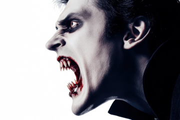A Dramatic Close-Up Portrait of a Vampire, Glaring with Fangs Bared, Blood-Stained Mouth, Intense Gaze, Dark Clothing, Horror Theme