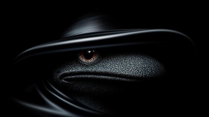 Close-up of an enigmatic creature's face, hidden behind a dark cloak, with a single, intense eye visible