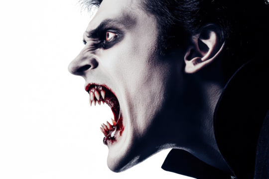 A Dramatic Close-Up Portrait of a Vampire, Glaring with Fangs Bared, Blood-Stained Mouth, Intense Gaze, Dark Clothing, Horror Theme