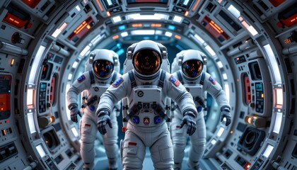 Two focused astronauts inside a space station preparing for an exciting jump into space
