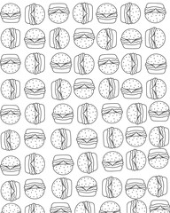 Hamburgers are drawn in a simple style using a clean outline. Picture arrangement follows a recurring diagonal pattern, creating a harmonious and uniform impression. Each burger consists of a special 