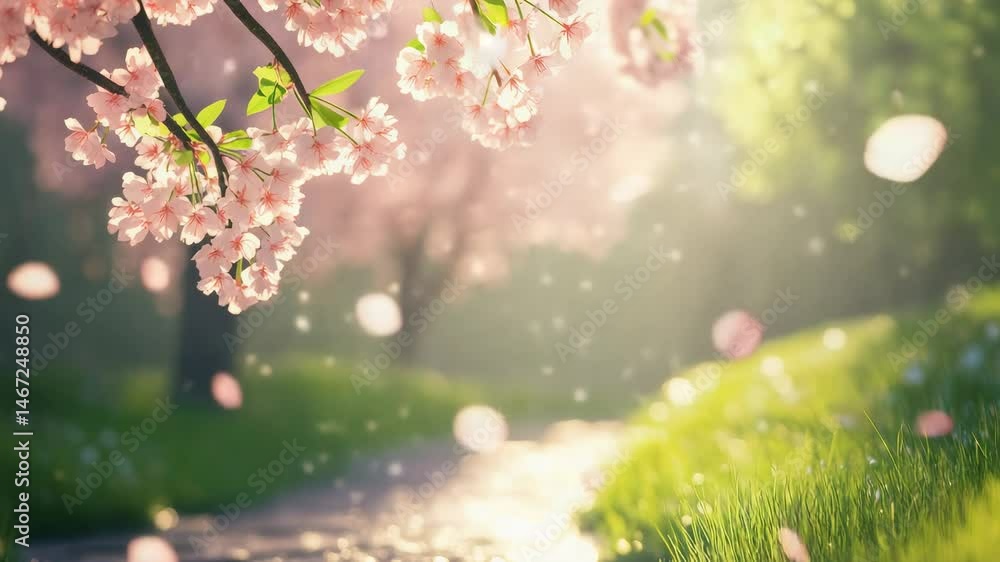 Poster pink cherry blossoms drifting from branches, cascading over tranquil riverbank with soft sunlight fi