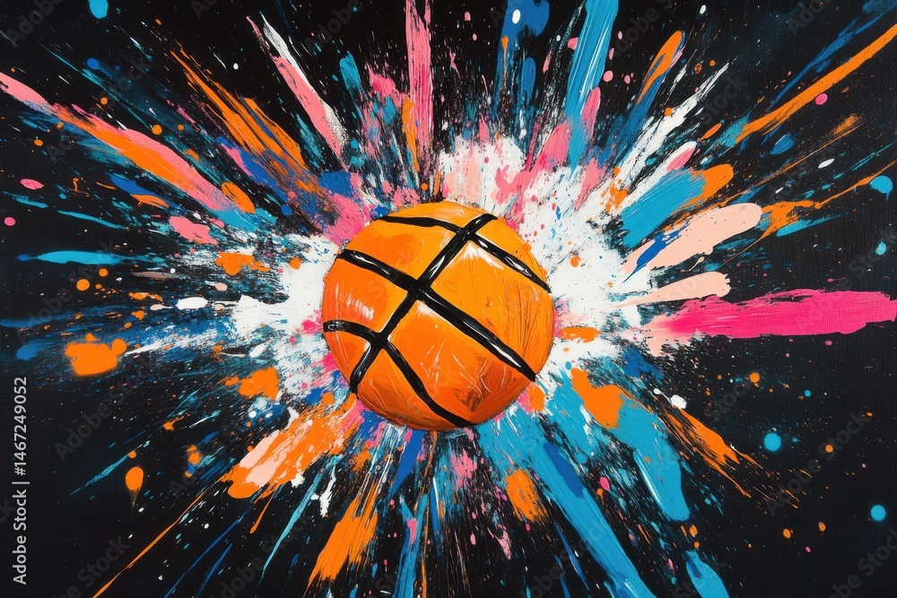 Poster a vibrant basketball explodes with color against a dark background in an abstract painting