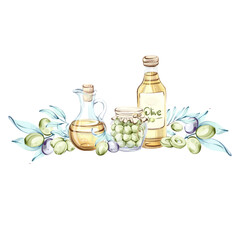 Delightful display of olives and olive oil captured in vibrant watercolor art frame, border, arrangement