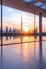 Sunrise cityscape reflected in tranquil waters viewed from a modern interior