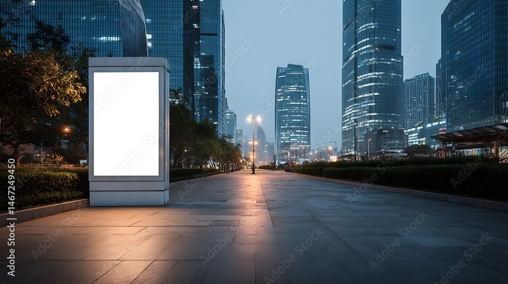 Poster urban setting at evening or early morning with large blank billboard in foreground, modern tall buil