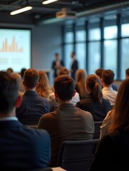 Company seminar in a modern office employees from various backgrounds sitting in rows, focused on business training