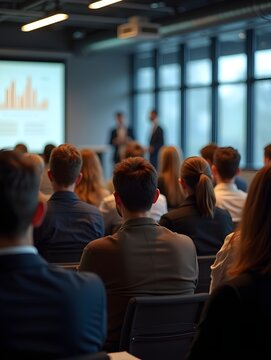 Company seminar in a modern office employees from various backgrounds sitting in rows, focused on business training