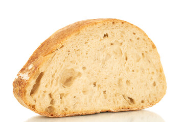 One piece of hearth bread isolated on white background, close-up.