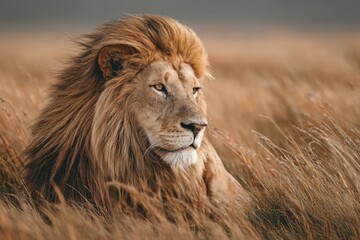 Majestic lion rests among golden grassland, showcasing powerful regal presence, fur texture, and wild animal behavior