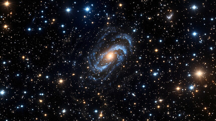 A professional render of distant stars forming a spiral galaxy on a smooth cosmic background, cinematic lighting and space for editorial layout 