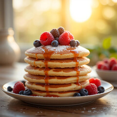 Stack of Fresh Pancakes with Berries in Morning Light Perfect for Breakfast Photography