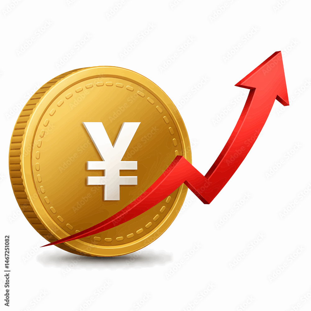 Poster a gold-colored yen coin with a broad-based arrow from the bottom left, then smoothly curving upwards