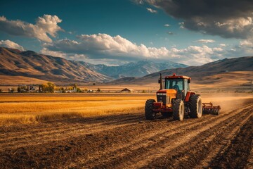 Tractor Tilling Field in Rural Setting Under Cloudy Blue Sky with Mountain Backdrop