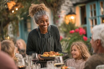 African American woman serves food at outdoor gathering with family and friends during joyful celebration, smiling in backyard.