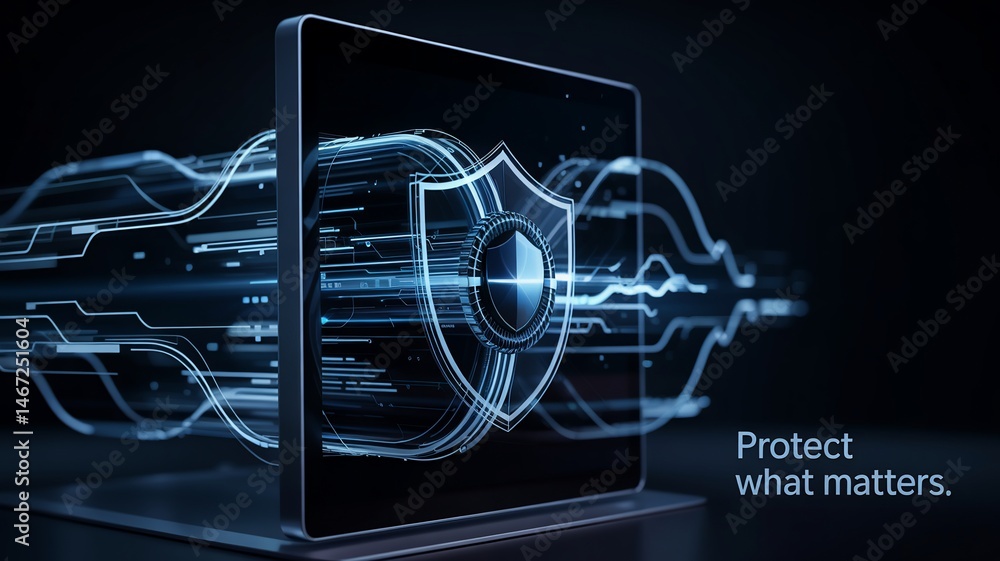 Poster digital shield protecting data and information on black background