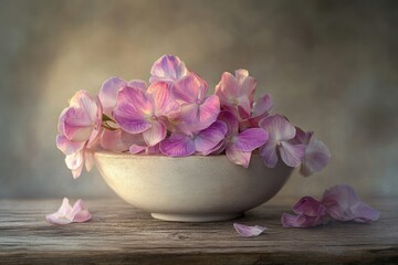 Delicate pink hydrangeas in a rustic bowl, bathed in soft light, create a serene and elegant still life.
